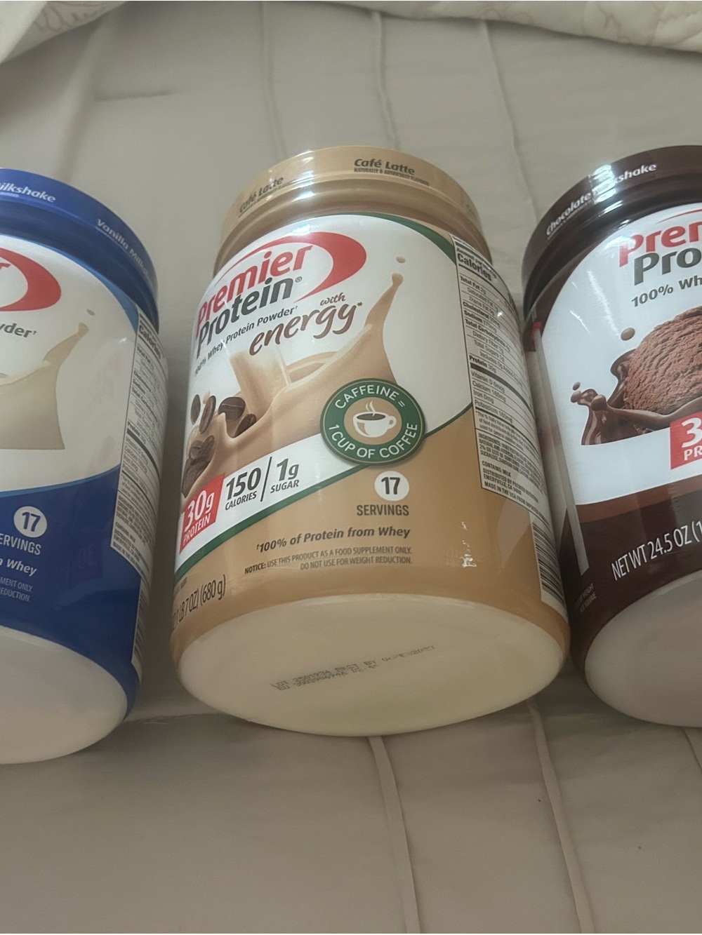 Café Latte Energy Whey Protein Powder - Cream, Chocolate, Vanilla.  Set of 3